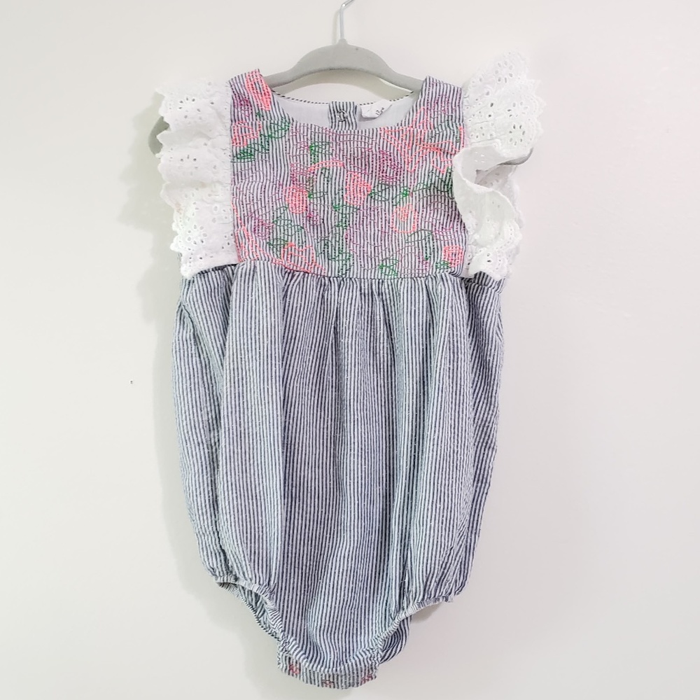 EGG Baby Seersucker Striped Ruffle Accent Onesie